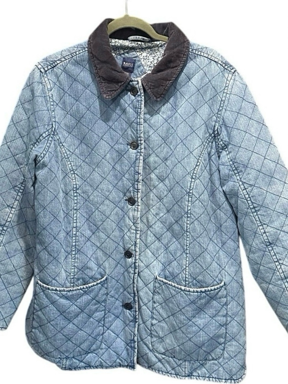 Vintage Quilted Denim Barn Jacket Navy Corduroy Collar Oversized - Picture 7 of 7